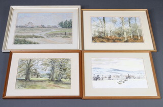 Margaret Arni, watercolour, "Low Tide Pagham Harbour", signed 31cm x 40cm, Vera Moxon, watercolour "Beaches South Lodge" 24cm x 34cm and 2 others "Snow County Durham", "Silver Beaches" 