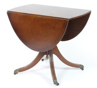 A Georgian style inlaid mahogany pedestal drop flap dining table raised on a pillar and tripod base 76cm h x 90cm l x 51cm w 