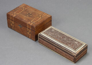 A Victorian inlaid mahogany trinket box with hinged lid 11cm x 25cm x 17cm and an Indian carved trinket box 8cm x 28cm x 12cm (ivory sections missing from the edge) 