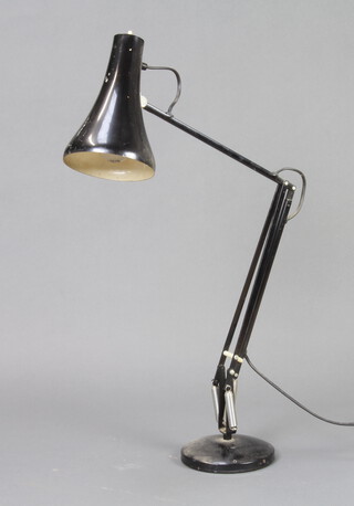 A black painted anglepoise lamp 79cm h x 15cm and a turned wooden table lamp 40cm h 