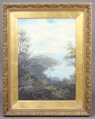A Victorian oil painting on card, "Clovelly" Cornish coastal scene with bay 53cm x 37cm 