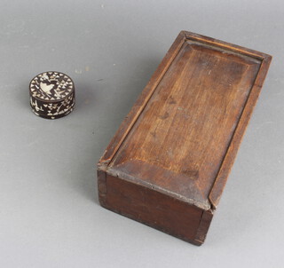 An Oriental cylindrical jar and cover inlaid mother of pearl 3 cm x 5cm (chip to base), a 19th Century rectangular mahogany box with sliding lid 8cm x 25cm x 12cm and a 1905 leather bound Holy Bible, 8cm h x 23cm w 29cm l (bruise to corner and binding is torn) 