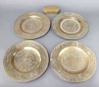 A Persian engraved brass octagonal box with hinged lid 4cm x 12cm x 5.5cm together with 4 Japanese polished bronze chargers decorated animals, the reverse with seal mark 25.5cm (1 has a tear) 