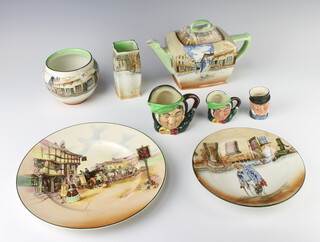 A Royal Doulton series ware teapot Cap'n Cuttle (chipped spout), a ditto jardiniere Alfred Jingle, vase Tony Weller, dessert bowl Old Pegarty (chipped rim), dinner plate Old English coaching scenes and 3 character jugs 