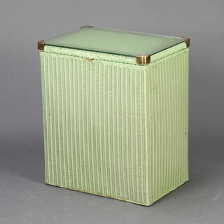 A rectangular green painted Lloyd Loom linen basket with plate glass top 55cm h x 46cm w x 31cm d (handle to front missing) 