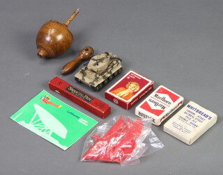 A White Swan fountain pen with white marble effect case, a Victorian carved wooden spinning top, playing cards and minor items etc