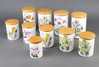 10 Portmeirion Botanic Garden pattern cylindrical storage jars with lids 