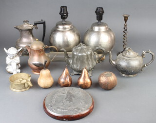 A pair of planished metal table lamps, silver plated teapot with demi-reeded decoration, 2 Britannia metal teapots and a small collection of metalware 