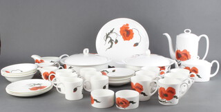 A Wedgwood Susie Cooper design Corn Poppy pattern part tea, coffee and dinner service comprising 6 coffee cans, 6 tea cups, 5 saucers, coffee pot, tea pot, 2 milk jugs, 2 sugar bowls, 3 dessert bowls, 3 small plates, 1 large plate, 2 tureens and covers, sauceboat 
