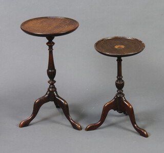 An Edwardian circular inlaid mahogany wine table raised on pillar and tripod base 45cm h x 24cm diam. (1 leg f) and 1 other table 53cm h x 30cm diam. (legs f and r) 