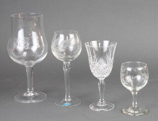 Six large goblet shaped glasses, 6 cut glass hock glasses, 6 wine glasses, 6 liqueurs 