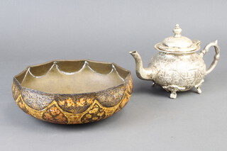 A "Persian" octagonal lacquered dish 8cm x 24cm together with an Eastern silver plated teapot 14cm x 10cm  