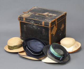 Barker and Sons, a black leather bound trunk with hinged lid and Southern Railway luggage labels containing a quantity of ladies vintage hats 37cm h x 46cm w x 40cm d  