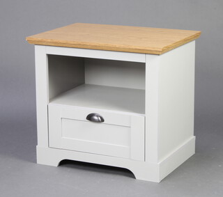 A woodgrain effect and grey painted cabinet with recess above drawer 55cm h x 60cm w x 44cm d together with a rectangular plate dressing table mirror contained in a pine frame raised on a rectangular base 59cm h x 48cm w x 18cm 