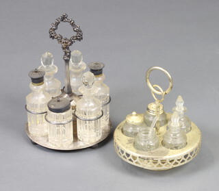 A silver plated 6 bottle cruet stand with faceted glass bottles and a gilt metal cruet stand 