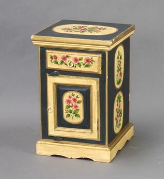 A Continental yellow and green floral painted bedside cabinet fitted a drawer and cupboard, on bracket feet 60cm h x 40cm w x 41cm d (some chips to paintwork) 