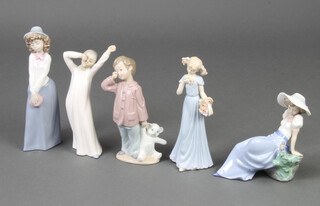 A nao figure of a standing girl 24cm, ditto of a yawning girl 22cm, a boy with teddy 19cm, a seated girl with bird 18cm and 1 other with a basket of flowers 20cm  