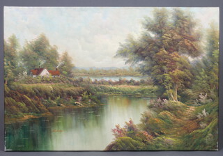 Oil painting on canvas, unframed, rural scene with lake 61cm x 92cm, Sir Luke Fildes a coloured print "The Village Wedding" 27cm x 45cm and a Chinese embroidery of birds amidst branches 39cm x 26cm contained in a faux bamboo frame