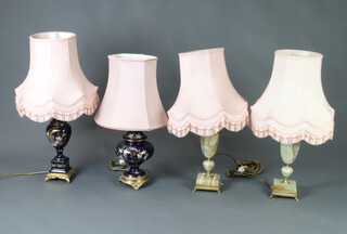 A pair of onyx and gilt metal table lamps raised on square bases 33cm x 12cm x 12cm and 2 blue pottery table lamps on square bases, all with shades
