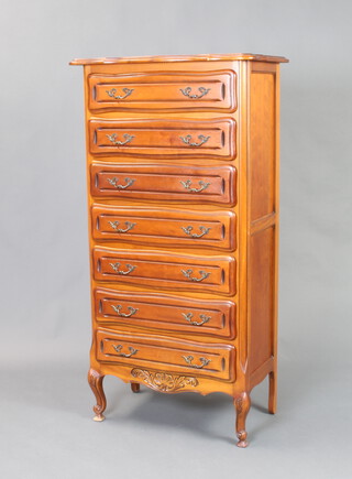 A French style walnut pedestal chest of serpentine outline fitted 7 drawers, raised on cabriole supports 152cm h x 69cm w x 39cm d (ring marks to top)