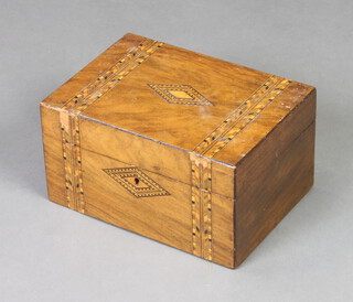 A Victorian inlaid mahogany trinket box with hinged lid 14cm h x 25cm w x 18cm d (section of veneer missing) 