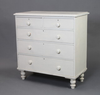A Victorian white painted pine chest of 2 short and 3 long drawers, raised on turned supports 98cm h x 96cm w x 46cm d 