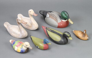Hornick Brothers, Stoney Point Decoys, a painted wooden decoy duck 17cm x 40cm x 14cm, based marked HB etc Oakhall Virginia 1975, 5 other wooden model ducks and 1 ditto ceramic  
