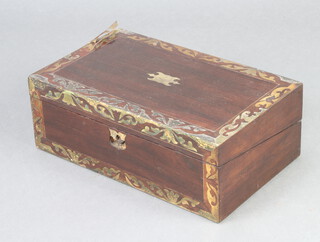A William IV rosewood and brass inlaid writing slope 14cm x 40cm x 24cm (brass lifting in places and interior missing) 

