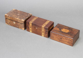 A 19th Century rectangular inlaid mahogany caddy 11cm x 23cm x 11cm (damage to veneers), a 19th Century rectangular inlaid mahogany box with hinged lid 10cm x 22cm x 14cm (damage to veneers) and an inlaid rosewood trinket box with hinged lid 8cm x 21cm x 15cm 
