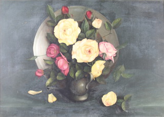 George Leslie Reekie, oil on board signed, still life vase of roses 49cm x 70cm  