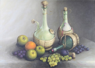 George Leslie Reekie 1963, oil on board, still study with carafes of wine and fruits 50cm x 70cm 
