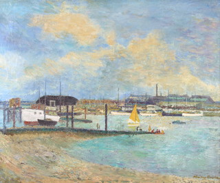20th Century oil on canvas, indistinctly signed, study of Shoreham harbour 62cm x 74cm 