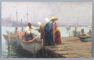 Fausto Zonaro (1854-1929), a view from Uskudar, Istanbul of ladies and ferrymen at a jetty on the Bosphorus. Oil on panel signed lower right F Zonaro 18cm x 28cm.

This lot has been authenticated from photographs by Erol Makzume who noted it has been poorly restored

Fausto Zonaro arrived in Istanbul in 1891. Five years later in 1896 he was appointed court artist by Sultan Aldulhamit II and for nineteen years thereafter he was one of Istanbul's most renowned artists.