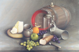 George Leslie Reekie 1964, oil on canvas, still life study, keg of spirits, stein, pewter beer mugs, fruit, cheese and bread, unframed, 51cm x 76cm 