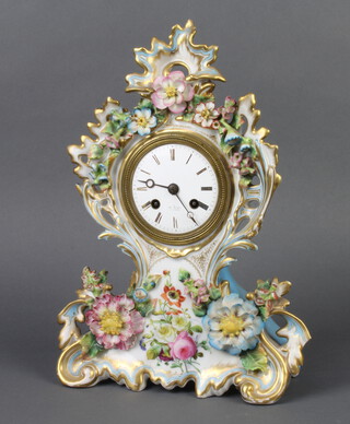 Hry Marc, a French 19th Century 8 day striking mantel clock, the enamelled dial with Roman numerals, marked 2 Hry Marc a'Paris, the back plate marked same, striking on bell, complete with pendulum and key and contained in a porcelain floral encrusted case 