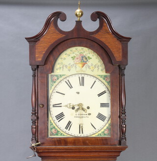G Graham of Cockermouth, an 18th Century 8 day striking longcase clock, the 35cm painted arched dial with floral spandrels, subsidiary second hand, Roman numerals, striking on a bell and contained in a banded oak case 225cm h, complete with key, pendulum and weights  