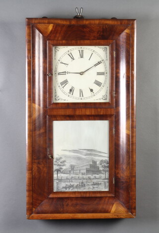 Jerome Newhaven, an American 30 hour striking wall clock with 24cm dial, contained in a mahogany case, the door decorated a print of The Crystal Palace, complete with pendulum, key and weights