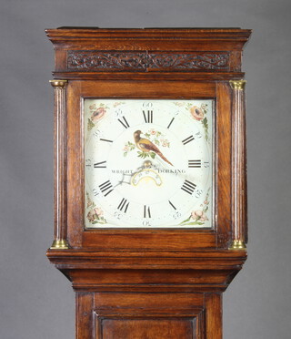 Wright of Dorking, an 18th Century 30 hour longcase clock with 28cm dial painted a bird, contained in an oak case 190cm h, complete with pendulum and weight  