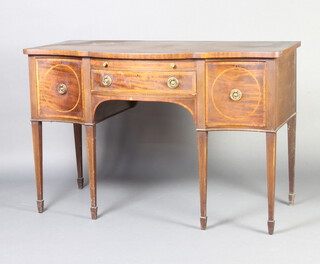 A Georgian inlaid mahogany sideboard of serpentine outline fitted a brushing slide above 1 long drawer, flanked by 2 short drawers, raised on square tapered supports, spade feet 91cm h x 138cm w x 67cm d 