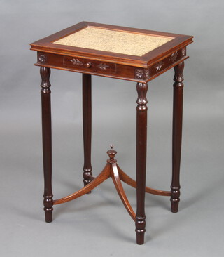 A Georgian style rectangular mahogany occasional table with pink veined marble top, fitted a frieze drawer, raised on turned supports with X framed stretcher surmounted by a lidded urn 73cm h x 49cm w x 39cm d 