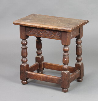 A Victorian 17th Century style oak joined stool with carved apron, raised on turned and block supports with box frame stretcher 46cm h x 46cm w x 28cm d  