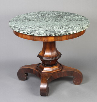 A William IV rosewood centre table with green marble top, raised on carved column and triform base 74cm h x 89cm diam.  