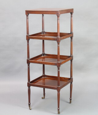 A Victorian square mahogany 4 tier what-not, raised on turned and block supports 129cm h x 46cm w x 46cm d 