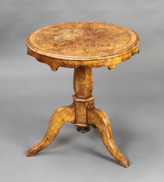 A Victorian circular inlaid figured walnut occasional/wine table with quarter veneered top raised on turned column and tripod base 56cm x 54cm 