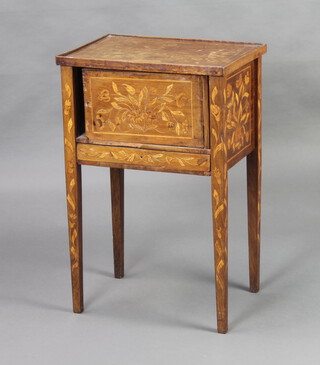 A Dutch 17th/18th Century inlaid marquetry bedside cabinet fitted a cupboard enclosed by a panelled door, the base fitted a drawer 67cm h x 44cm w x 32.5cm d 
