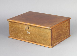 An Art Deco rectangular mahogany trinket box decorated a figure of a standing Airedale Terrier 12cm h x 31cm w x 22cm d 