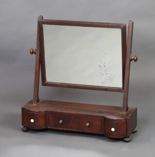 A 19th Century rectangular plate dressing table mirror contained in a mahogany swing frame, the base fitted 1 long and 2 short drawers raised on bun feet 68cm h x 58cm w x 20cm d