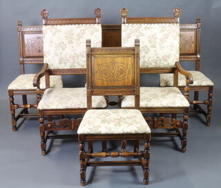 A set of 6 19th/20th Century Italian carved walnut high back dining chairs with upholstered seats - 2 carvers, 4 standard 