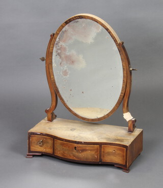 A 19th Century oval plate dressing table mirror contained in an inlaid mahogany frame the base of serpentine outline fitted 1 long and 4 short drawers, raised on bracket feet 59cm h x 43cm w x 21cm d  