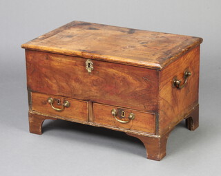 An 18th Century apprentice mule chest fitted a hinged lid, the base fitted 2 short drawers with brass swan neck drop handles, raised on later bracket feet 38cm h x 60cm w x 39cm d 